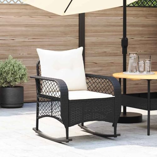 Makastle Garten-Schaukelstuhl mit Cremeweiß Kissen, Polyrattan-Stuhl mit Netzrückenlehne für Balkon Terrasse, Gute Stabilität, Schwarz 67 x 75 x 75 cm Stahl von Makastle