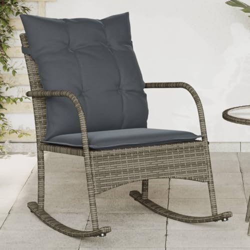 Makastle Garten-Schaukelstuhl mit Dunkelgrau Kissen, Loungesessel UV-beständig für Balkon, Terrasse, Kratzfest, Grau 60 x 87 x 80 cm Poly Rattan von Makastle