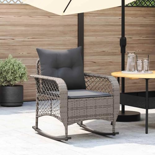 Makastle Garten-Schaukelstuhl mit Dunkelgrau Kissen, Polyrattan-Stuhl mit Netzrückenlehne für Balkon Terrasse, Gute Stabilität, Grau 67 x 75 x 75 cm Stahl von Makastle