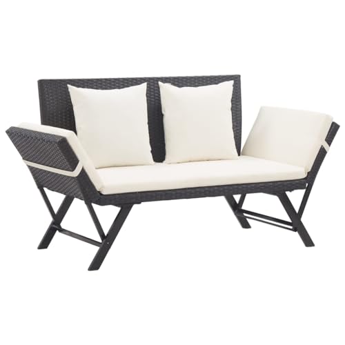 Makastle Gartenbank Beidseitig Verstellbar Tagesbett Sonnenliege Gartensofa mit Auflagen & klappbaren Armlehne, Balkonbank aus Poly Rattan, Sitzbank für Garten & Balkon, (130-176) x 70 x 80 cm von Makastle