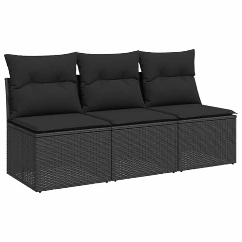 Makastle Gartensessel mit Rückenlehne 3er Set, Loungesessel mit Stauraum und Kissen für Terrasse Balkon, Schwarz 165 x 62 x 69 cm Poly Rattan von Makastle