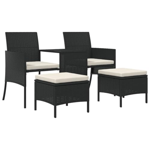 Makastle Gartensofa 2-Sitzer mit 1 Tisch und 2 Hocker, Polyrattan-Stuhl mit Metallrahmen und Kissen für Terrasse Balkon, Schwarz 151 x 61 x 85 cm von Makastle
