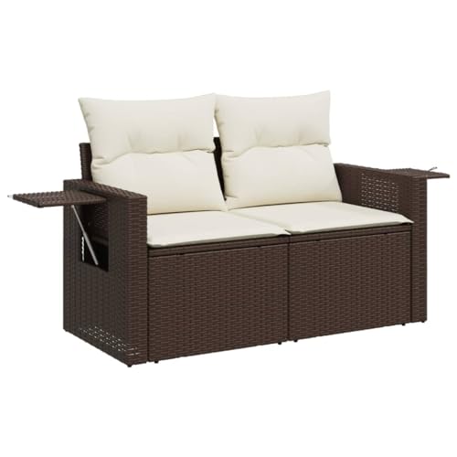 Makastle Gartensofa 2-Sitzer mit Beistelltisch & Stahlrahmen, Kinosofa mit Cremeweiß Kissen für Terrasse Balkon, Braun 124 x 62 x 69 cm Poly Rattan von Makastle