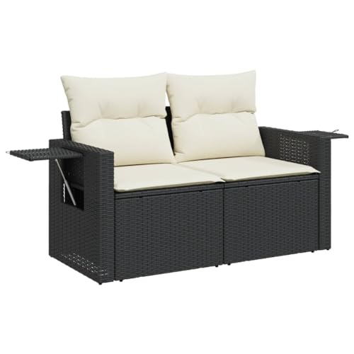 Makastle Gartensofa 2-Sitzer mit Beistelltisch & Stahlrahmen, Kinosofa mit Cremeweiß Kissen für Terrasse Balkon, Schwarz 124 x 62 x 69 cm Poly Rattan von Makastle