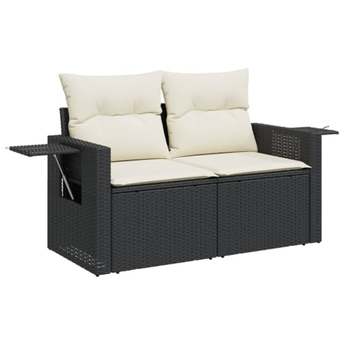 Makastle Gartensofa 2-Sitzer mit Beistelltisch & Stahlrahmen, Kinosofa mit Stauraum & Cremeweiß Kissen für Terrasse Balkon, Schwarz 124 x 62 x 69 cm Poly Rattan von Makastle