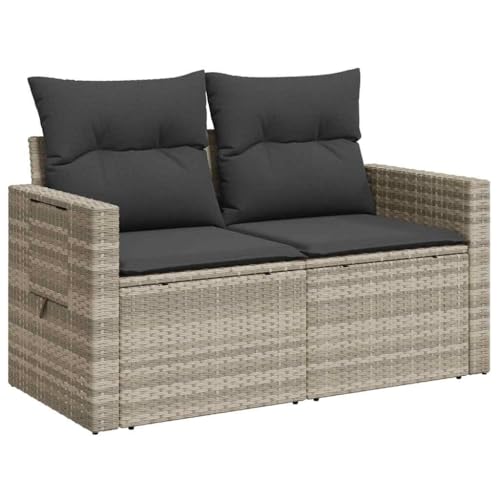 Makastle Gartensofa 2-Sitzer mit Beistelltisch & Stahlrahmen, Kinosofa mit Stauraum & Dunkelgrau Kissen für Terrasse Balkon, Hellgrau 124 x 62 x 69 cm Poly Rattan von Makastle