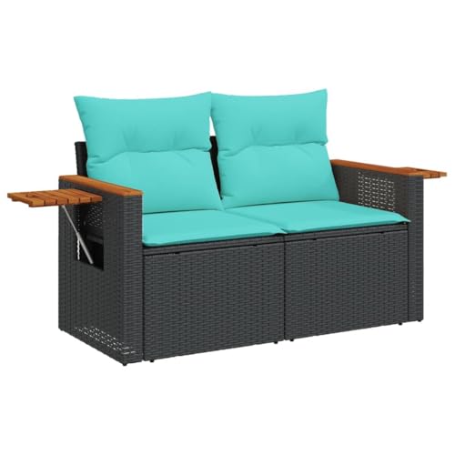 Makastle Gartensofa 2-Sitzer mit Blau Kissen, Freizeitsofa mit Beistelltisch und Stahlrahmen für Terrasse Balkon, Schwarz 124 x 62 x 69 cm Poly Rattan von Makastle