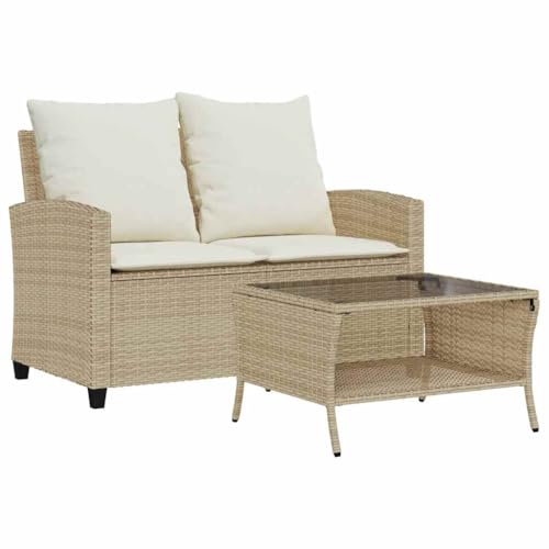 Makastle Gartensofa 2-Sitzer mit Cremeweiß Kissen & Glastisch, Freizeitsofa mit Rückenlehne & Armlehne für Terrasse Balkon, Beige 116 x 72 x 79 cm Poly Rattan von Makastle