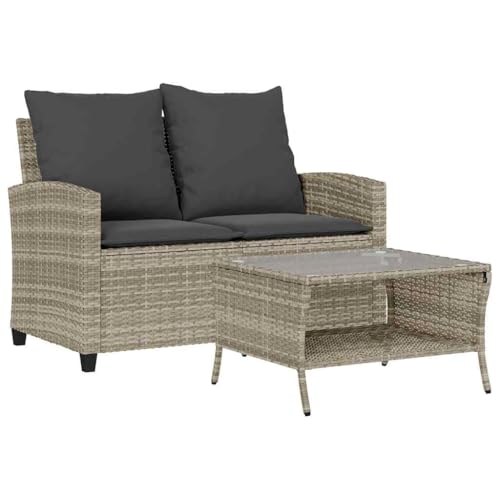 Makastle Gartensofa 2-Sitzer mit Dunkelgrau Kissen & Glastisch, Freizeitsofa mit Rückenlehne & Armlehne für Terrasse Balkon, Hellgrau 116 x 72 x 79 cm Poly Rattan von Makastle