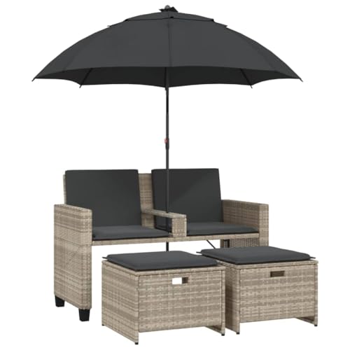 Makastle Gartensofa 2-Sitzer mit Fußhocker & Dunkelgrau Sitzkissen, Polyrattan-Stuhl mit Kippbarer Sonnenschirm für Terrasse Balkon, Hellgrau 120 x 61 x 80 cm von Makastle