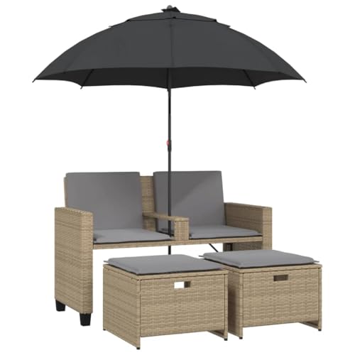 Makastle Gartensofa 2-Sitzer mit Fußhocker & Hellgrau Sitzkissen, Polyrattan-Stuhl mit Kippbarer Sonnenschirm für Terrasse Balkon, Beige 120 x 61 x 80 cm von Makastle