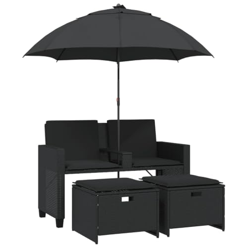 Makastle Gartensofa 2-Sitzer mit Fußhocker & Schwarz Sitzkissen, Polyrattan-Stuhl mit Kippbarer Sonnenschirm für Terrasse Balkon, 120 x 61 x 80 cm von Makastle