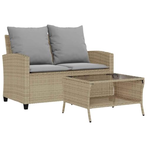 Makastle Gartensofa 2-Sitzer mit Hellgrau Kissen & Glastisch, Freizeitsofa mit Rückenlehne & Armlehne für Terrasse Balkon, Grau 116 x 72 x 79 cm Poly Rattan von Makastle