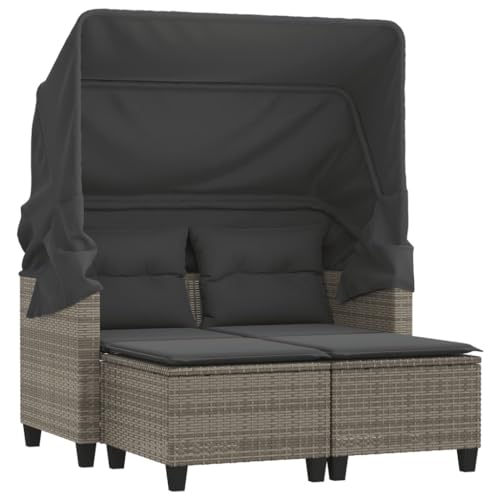 Makastle Gartensofa 2-Sitzer mit Hockern & Sitzkissen, Polyrattan-Stuhl mit Einziehbares Verdeck & Stahlrahmen für Terrasse Balkon, Grau 123 x 65 x 155 cm von Makastle