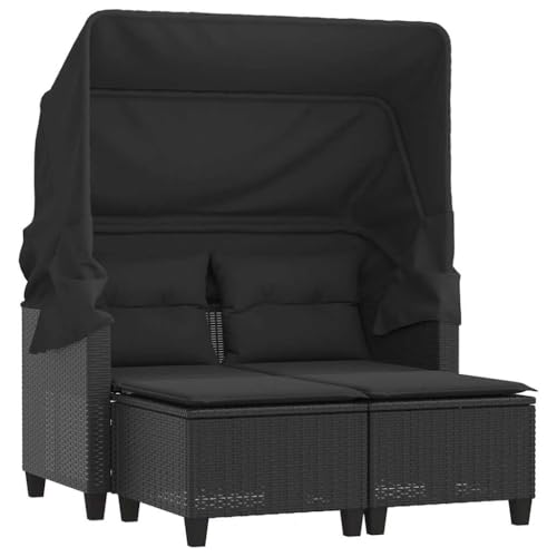 Makastle Gartensofa 2-Sitzer mit Hockern & Sitzkissen, Polyrattan-Stuhl mit Einziehbares Verdeck & Stahlrahmen für Terrasse Balkon, Schwarz 123 x 65 x 155 cm von Makastle