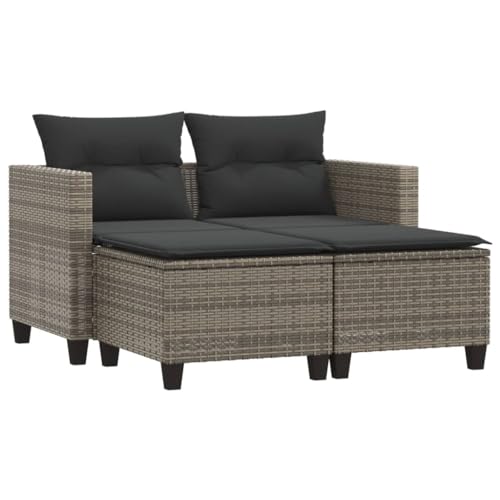 Makastle Gartensofa 2-Sitzer mit Hockern & Stahlrahmen, Freizeitsofa mit Dunkelgrau Sitzkissen für Terrasse Balkon, Grau 122 x 65 x 62 cm Poly Rattan von Makastle