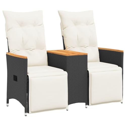 Makastle Gartensofa 2-Sitzer mit Holztisch & Fußablage, Polyrattan-Stuhl mit Stahlrahmen & Verstellbare Rückenlehne für Parks Balkon, Schwarz 130 x 59 x 92 cm von Makastle