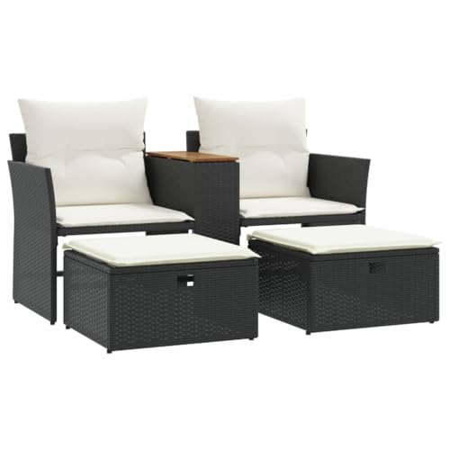 Makastle Gartensofa 2-Sitzer mit Holztisch & Verstellbare Füße, Balkonsofa mit Hocker & Stauraum für Terrasse Hinterhof, Schwarz 142 x 62 x 69 cm Poly Rattan von Makastle
