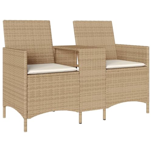 Makastle Gartensofa 2-Sitzer mit Rückenlehne & Armlehne, Freizeitsofa mit Tisch & Cremeweiß Kissen für Terrasse Balkon, Beige 126 x 59 x 82 cm Poly Rattan von Makastle