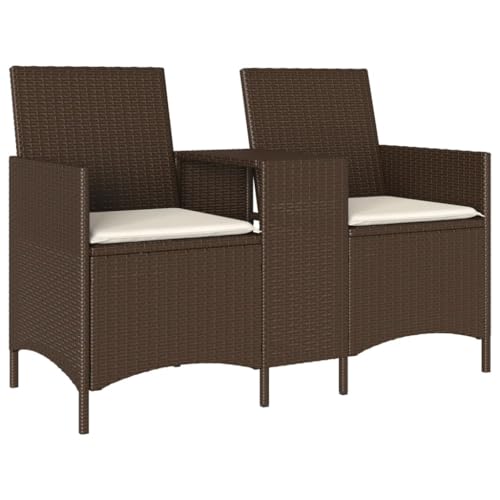 Makastle Gartensofa 2-Sitzer mit Rückenlehne & Armlehne, Freizeitsofa mit Tisch & Cremeweiß Kissen für Terrasse Balkon, Braun 126 x 59 x 82 cm Poly Rattan von Makastle