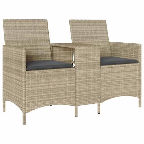 Makastle Gartensofa 2-Sitzer mit Rückenlehne & Armlehne, Freizeitsofa mit Tisch & Dunkelgrau Kissen für Terrasse Balkon, Hellgrau 126 x 59 x 82 cm Poly Rattan von Makastle