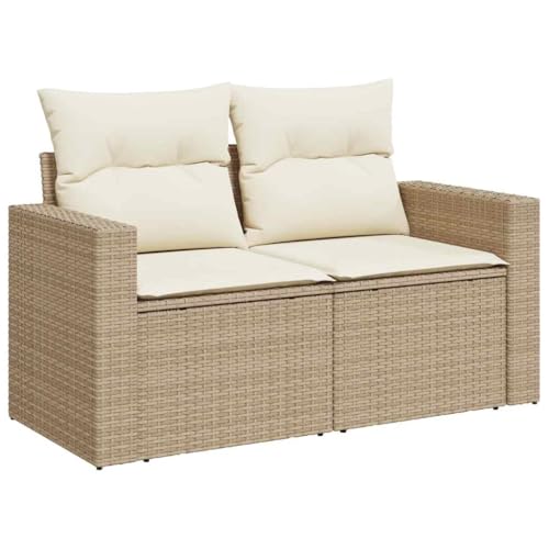 Makastle Gartensofa 2-Sitzer mit Rückenlehne & Armlehne, Polyrattan-Stuhl mit Cremeweiß Kissen für Terrasse Balkon, UV-beständig, Beige 131 x 62 x 69 cm von Makastle