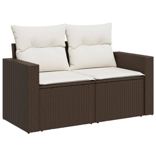Makastle Gartensofa 2-Sitzer mit Rückenlehne & Armlehne, Polyrattan-Stuhl mit Cremeweiß Kissen für Terrasse Balkon, UV-beständig, Braun 131 x 62 x 69 cm von Makastle