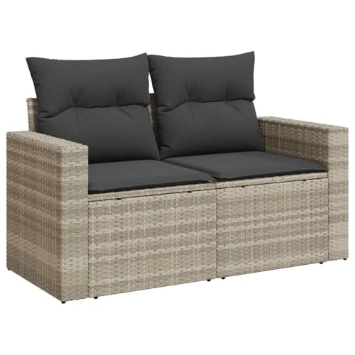 Makastle Gartensofa 2-Sitzer mit Rückenlehne & Armlehne, Polyrattan-Stuhl mit Dunkelgrau Kissen für Terrasse Balkon, UV-beständig, Hellgrau 131 x 62 x 69 cm von Makastle