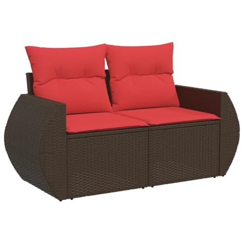 Makastle Gartensofa 2-Sitzer mit Rückenlehne und Stauraum, Loungesessel mit Metallrahmen und Rot Kissen für Terrasse Balkon, Braun 142 x 62 x 69 cm Poly Rattan von Makastle