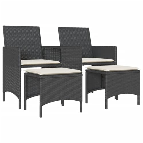 Makastle Gartensofa 2-Sitzer mit Tisch & Hockern, Freizeitsofa mit Rückenlehne & Cremeweiß Kissen für Terrasse Balkon, Schwarz 126 x 59 x 82 cm Poly Rattan von Makastle