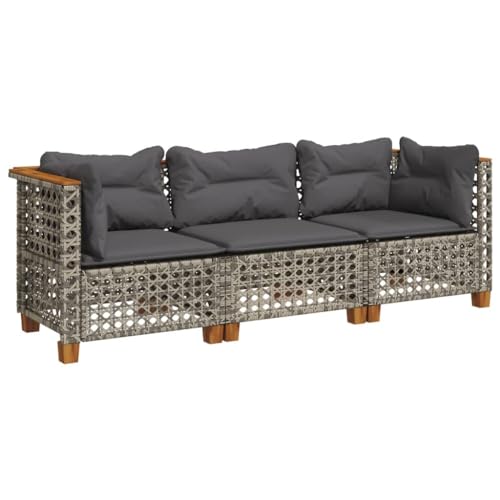 Makastle Gartensofa 3-Sitzer mit Dunkelgrau Kissen, Balkonsofa mit Stahlrahmen und Holzbeine für Terrasse Hinterhof, Grau 190,5 x 63,5 x 62 cm Poly Rattan von Makastle