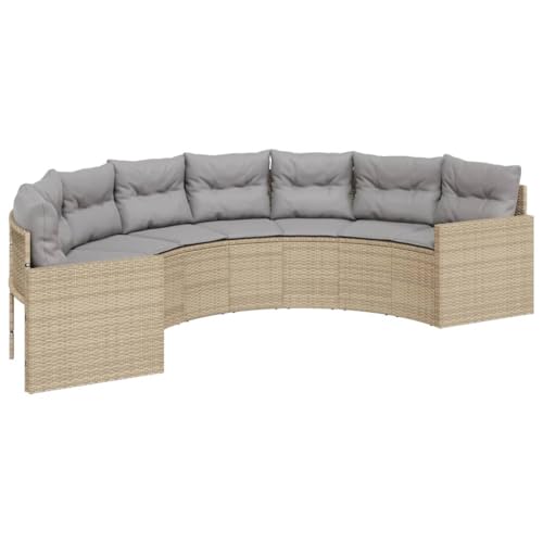 Makastle Gartensofa Halbrundes mit Rückenlehne und Armlehnen, Polyrattan-Stuhl mit Hellgrau Kissen und Stahlrahmen für Terrasse Balkon, Beige 287 x 70 cm von Makastle