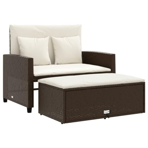 Makastle Gartensofa mit Verstellbare Rückenlehne & Fußbank, 2-Sitzer Lounge-Sessel mit Cremeweiß Kissen für Terrasse Balkon, Braun 115 x 75 x 91 cm Poly Rattan von Makastle