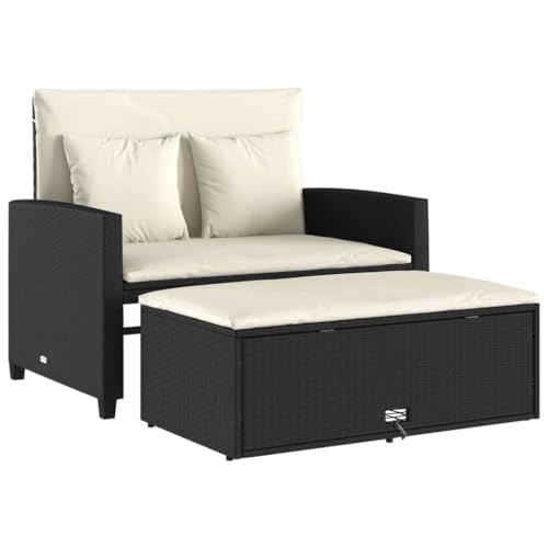 Makastle Gartensofa mit Verstellbare Rückenlehne & Fußbank, 2-Sitzer Lounge-Sessel mit Cremeweiß Kissen für Terrasse Balkon, Schwarz 115 x 75 x 91 cm Poly Rattan von Makastle