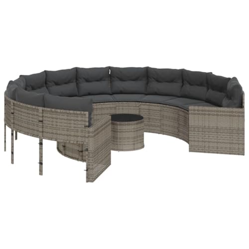 Makastle Gartensofa runder mit Dunkelgrau Kissen & Glastisch, Polyrattan-Stuhl mit Rückenlehne und Armlehnen für Terrasse Balkon, Grau 287 x 70 cm von Makastle