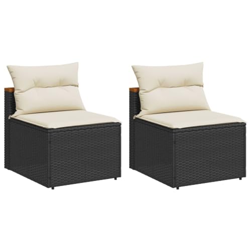 Makastle Gartensofas mit Rückenlehne 2er Set, Freizeitsofa mit Metallrahmen & Cremeweiß Sitzkissen für Terrasse Balkon, Schwarz 54 x 64 x 54 cm Poly Rattan von Makastle