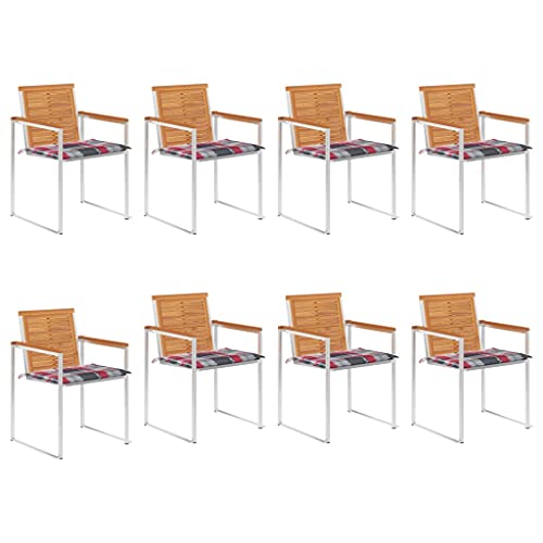 Makastle Gartenstühle mit Rot kariert Kissen, 8er Set, Esszimmerstühle mit Rückenlehne für Balkon, Terrasse, Rostfrei und UV-beständig, Braun 60 x 56 x 85 cm Stahl von Makastle