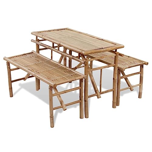 Makastle Gartentisch mit Bank, 3er-Set Outdoor Gartenmöbel aus Bambus, Esstisch mit 2 Bänken, Essgruppe Sitzgruppe Küchentisch Set, Braun von Makastle