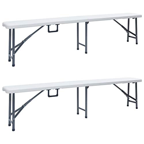 Makastle Klappbare Gartenbänke 2er Set, Gartenbank mit Metallrahmen für Park, Terrasse, Bequeme Lagerung und Transport, 180 x 26 x 42 cm HDPE Weiß von Makastle