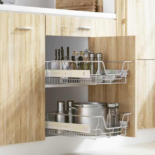 Makastle Küchen-Drahtkörbe 2er Set, Aufbewahrungskorb Ausziehbar für Küche, Speisekammer, Badezimmer, Silbern (41,4-41,8) x 46 x 13 cm verchromter Stahldraht von Makastle