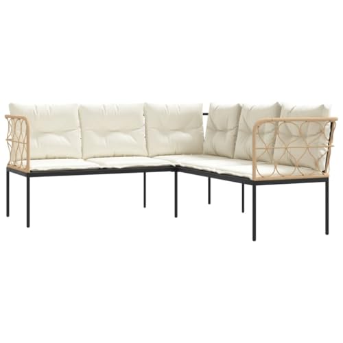 Makastle L-förmiges Gartensofa mit Stahlrahmen und Armlehne, Ecksofa mit Weiß Kissen und Rückenlehne für Terrasse Balkon, Schwarz 176 x 175 x 75 cm Textilene von Makastle