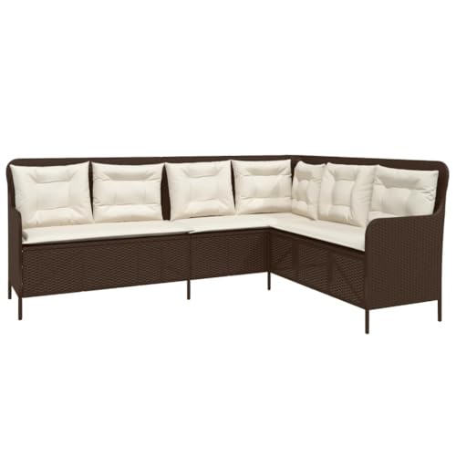 Makastle L-förmiges Gartensofa mit Stahlrahmen & Cremeweiß Kissen, Polyrattan-Stuhl mit Rückenlehne & Armlehnen für Balkon Terrasse, Braun 221 x 163 x 90 cm von Makastle