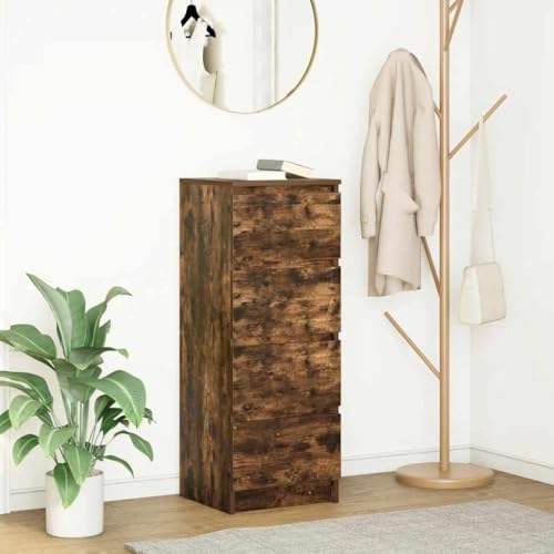 Makastle Modernes Beistellschrank, Kommode mit 4 Schubladen, Schmaler Schrank Anrichte Standschrank für Küche Wohnzimmer, Räuchereiche 37,5x35x99 cm Holzwerkstoff von Makastle