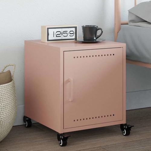Makastle Nachttisch mit 1 Tür und 4 Rollen, Beistelltisch Modern, Bedside Table Metall, Nachtkonsole, Sofatisch für Wohnzimmer, Schlafzimmer, Rosa 36x38,5x43,5 cm Stahl von Makastle