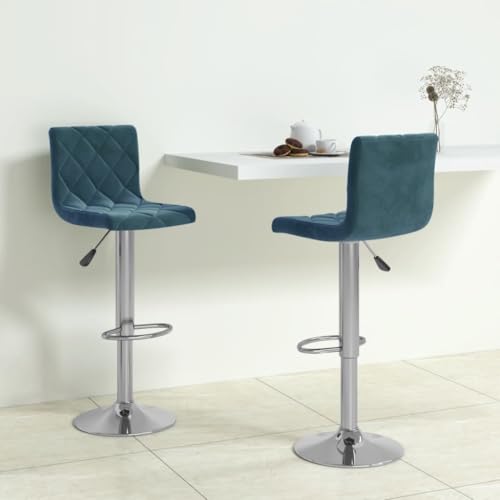 Makastle Rechteck Barhocker mit Metallrahmen, 2er Set, Drehstuhl mit Fußhocker & Rückenlehne für Terrasse Restaurant usw, Blau 40 x 43 x (90-111) cm Samt von Makastle