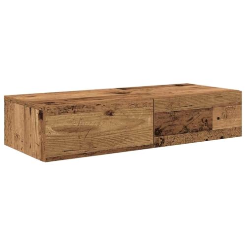 Makastle Rechteck Wandregal mit 2 Schubladen, Nachttisch Schwebende für Wohnzimmer Schlafzimmer, Tragkraft 60 kg, Altholz-Optik 80x33x17cm Holzwerkstoff von Makastle