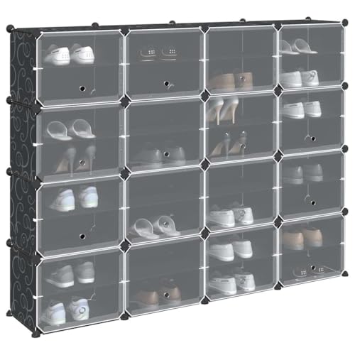 Makastle Regalsystem mit 32 Fächer und 16 Türen, Schuhregal Robust für Eingang, Schlafzimmer, Wetterfest, Stapelbar, Schwarz PP 165.5 x 31.5 x 123 cm von Makastle