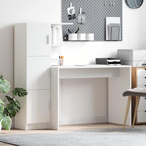 Makastle Schreibtisch mit Stauraum, Bücherschrank mit 3 Türen und 2 Fächern, Mehrzweckschrank für Wohnzimmer, Korridor, Schlafzimmer, Weiß Holzwerkstoff von Makastle