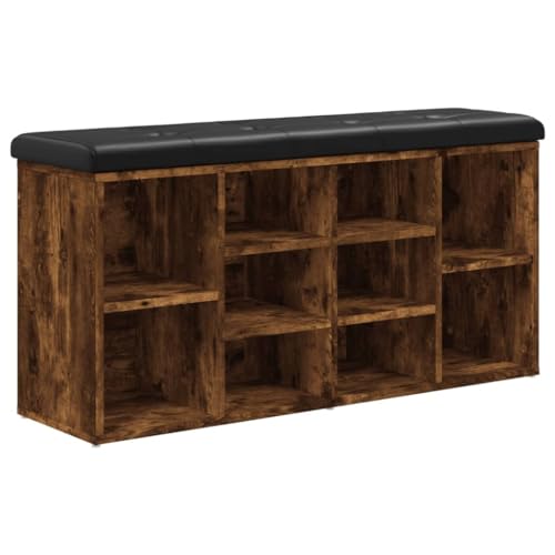 Makastle Schuhbank Rechteckig mit Dickes Sitzkissen, Eingangshocker mit 10 Ablagefächer für Schlafzimmer Wohnzimmer, Räuchereiche 102x32x50 cm Holzwerkstoff von Makastle