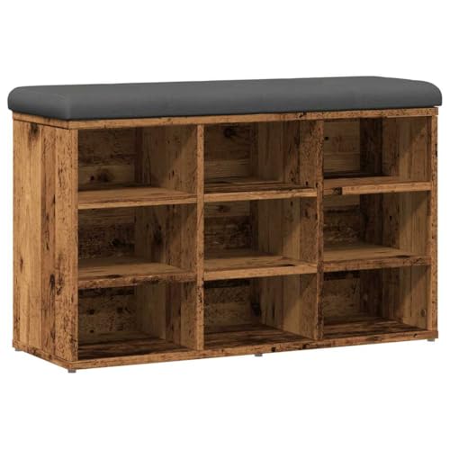 Makastle Schuhbank Rechteckig mit Dickes Sitzkissen, Eingangshocker mit 9 Ablagefächer für Schlafzimmer Wohnzimmer, Altholz-Optik 82x32x50 cm Holzwerkstoff von Makastle